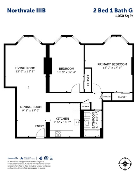 Floor plan for 2 beds, 1 bath, 1030 sqft